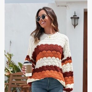 Chunky Striped Knit Sweater in Cream, Orange & Burgundy